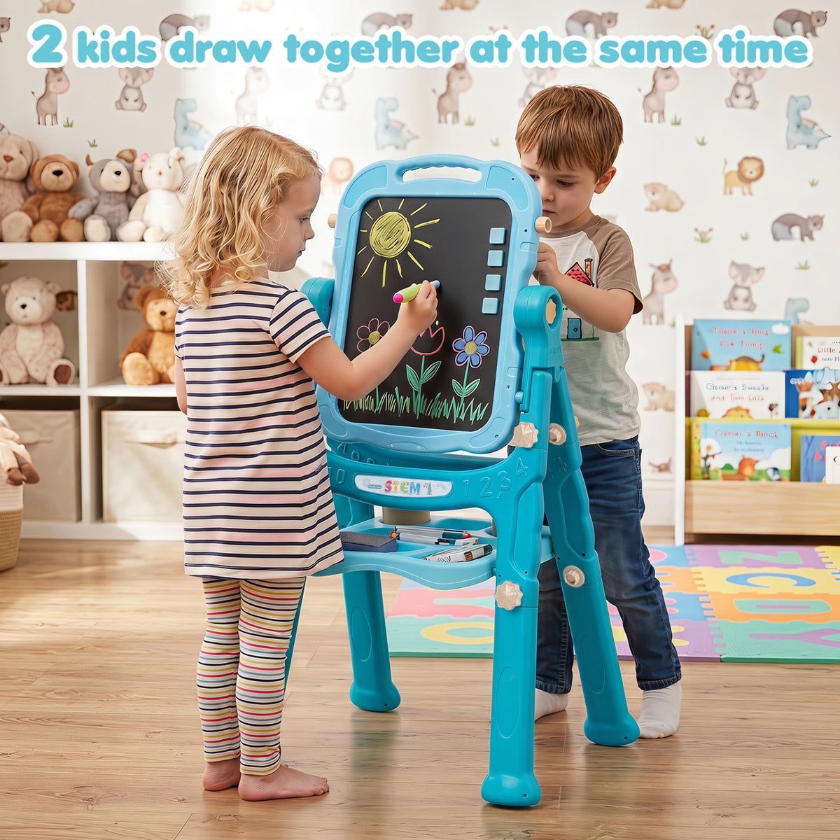 Blue kids' art easel with adjustable height, perfect for young artists, from Direct by Wilsons Home Store, ideal for creative hobbies.
