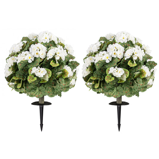 Artificial Begonia Ball Trees Set of 2 13 inch Fake Evergreen Shrubs with Ground Spikes-White