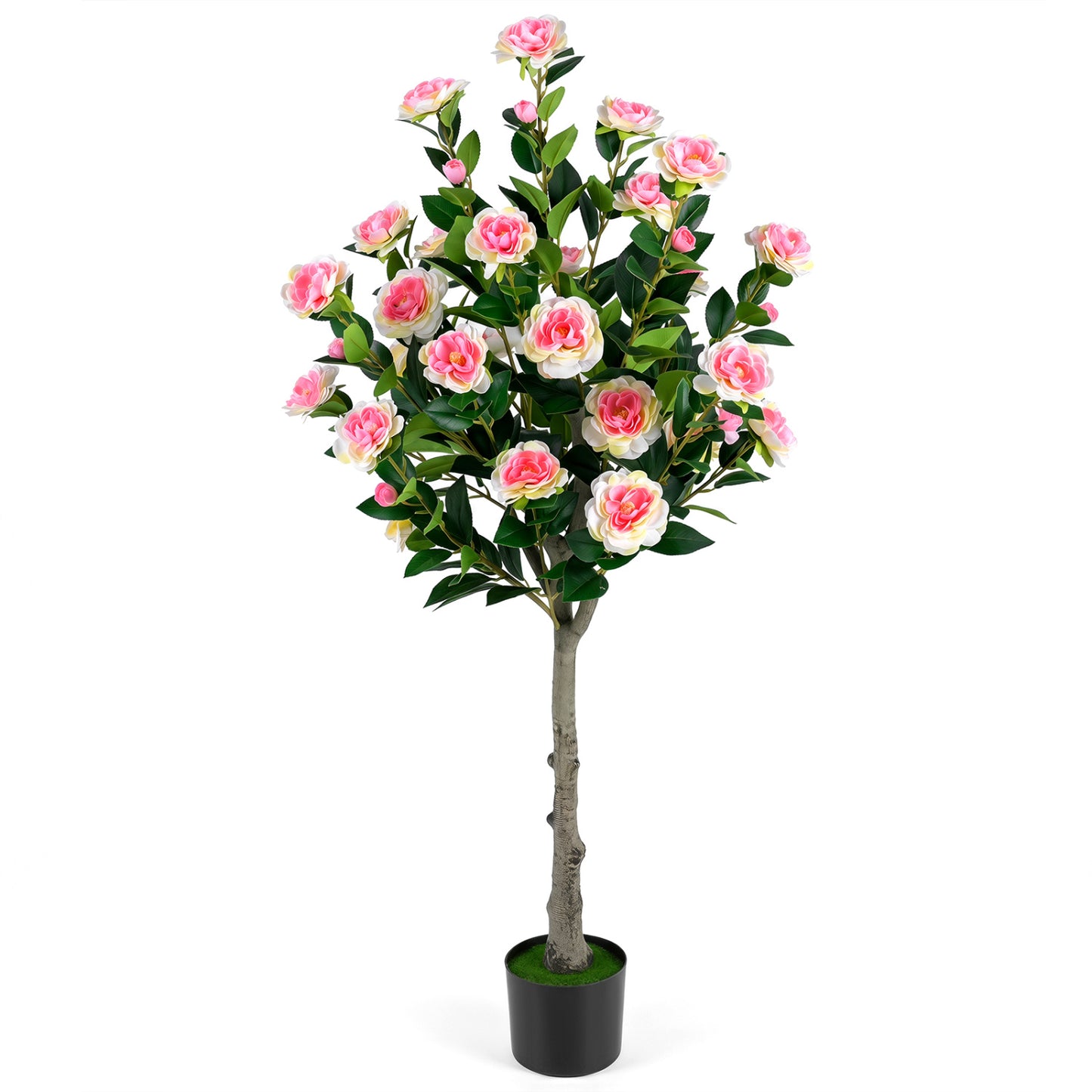 Artificial Camellia tree with 27 blossoms in cement pot, ideal faux plant decor for home interiors.