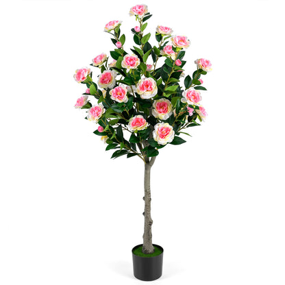Artificial Camellia tree with 27 blossoms in cement pot, ideal faux plant decor for home interiors.