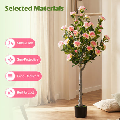 Artificial camellia tree with 27 blossoms in a cement pot, perfect for home decor, by Wilsons Home Store.