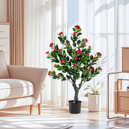 Set of two artificial Camellia trees with red fabric blossoms, faux flower plants for home decor from Wilsons Home Store