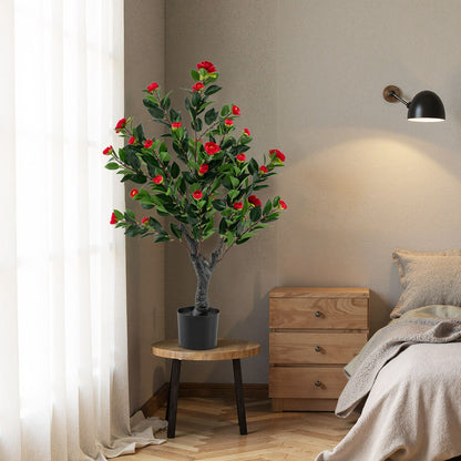 Set of two artificial camellia trees with red fabric blossoms, decorative faux plants for home decor.