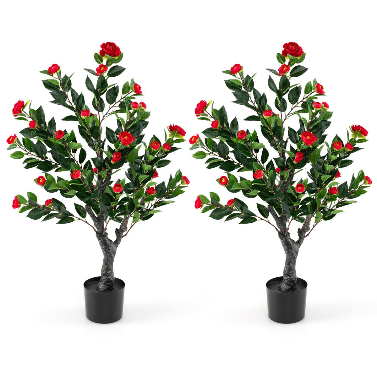 Set of 2 artificial camellia trees with 36 red fabric blossoms, faux flower plants for home decor by Wilsons Home Store