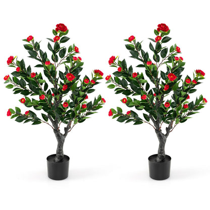 Set of 2 artificial camellia trees with 36 red fabric blossoms, faux flower plants for home decor by Wilsons Home Store