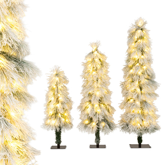 Artificial Christmas Tree Set of 3 with Snow-flocked Branch Tips and LED Lights