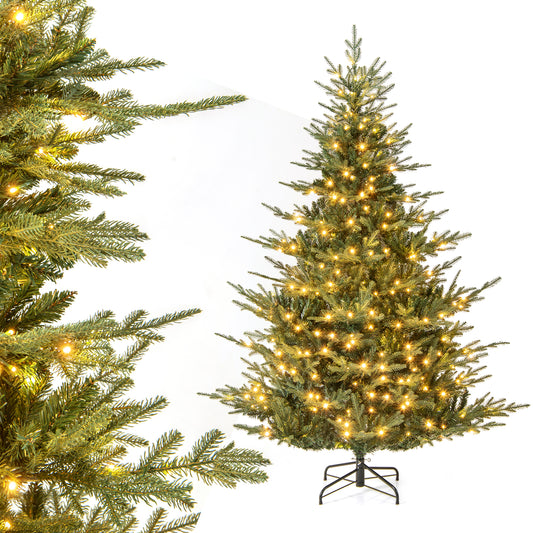 7-foot artificial Christmas tree with branch tips and warm white LED lights, perfect for holiday decorating.