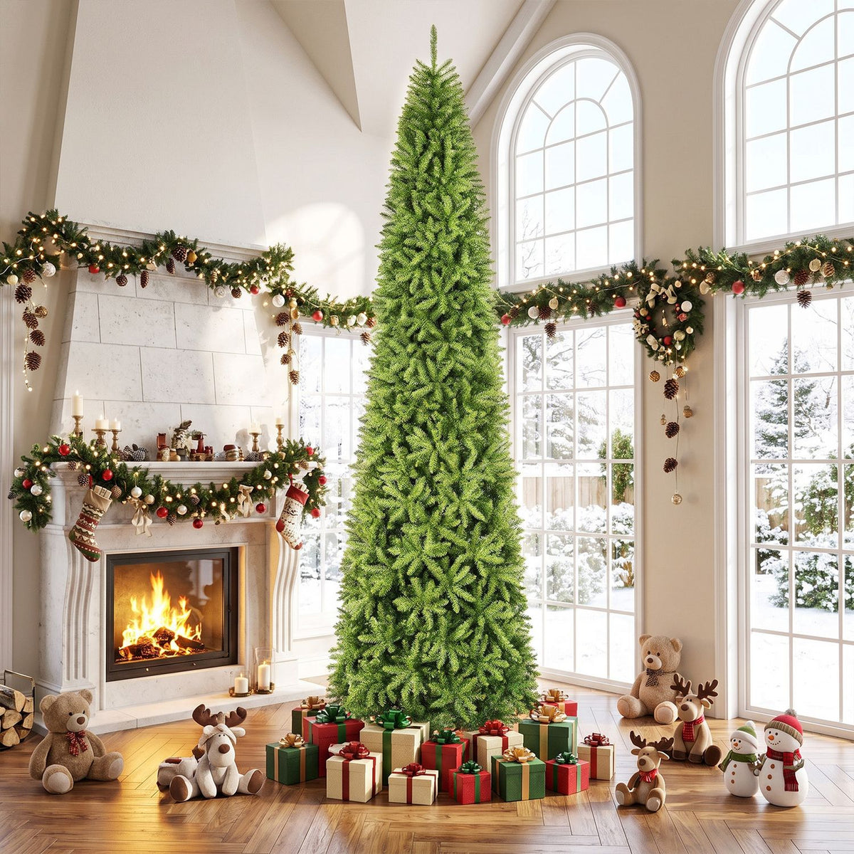 Artificial Pencil Christmas Tree with Full Branch Tips and Folding Metal Stand for Decor-XL