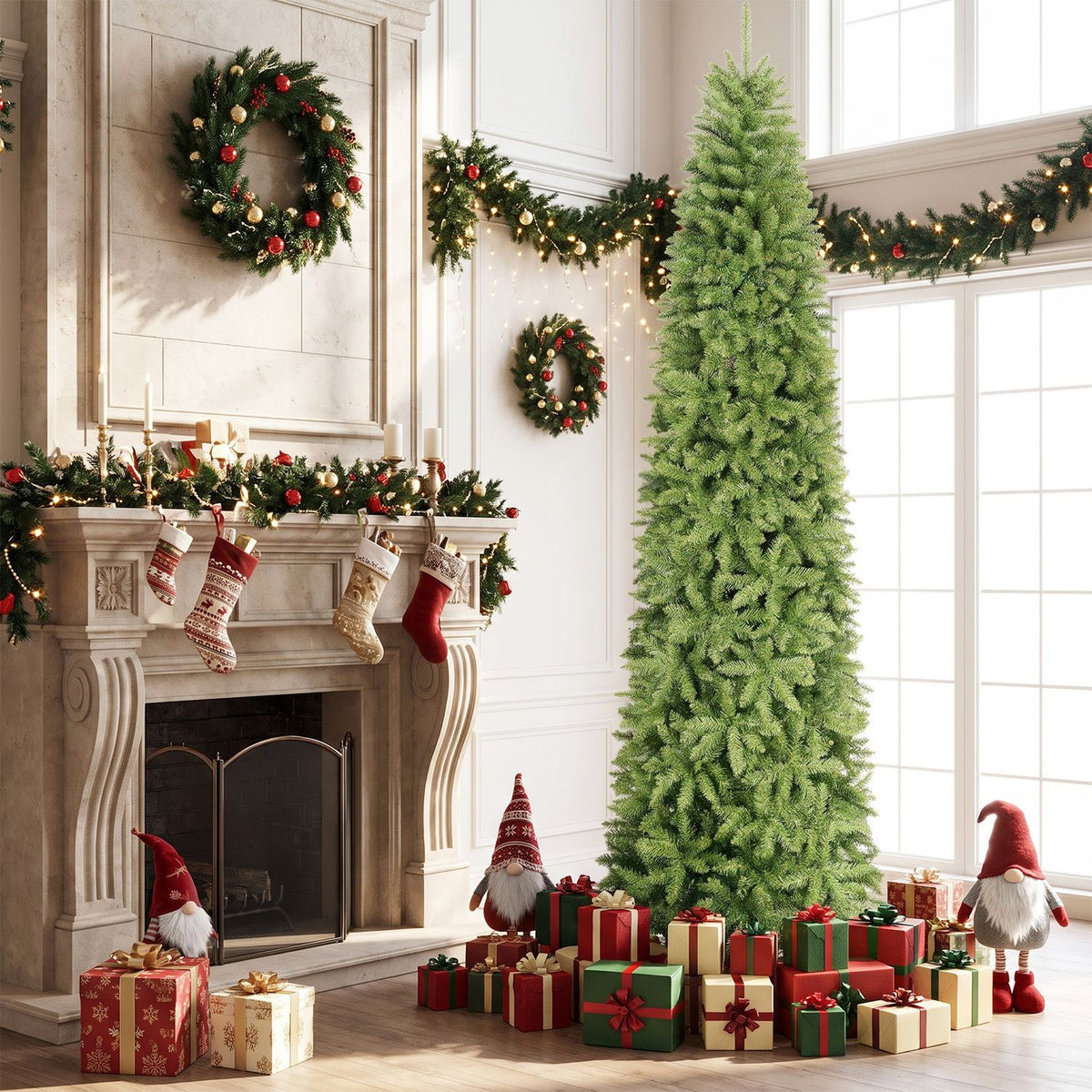 Artificial Pencil Christmas Tree with Full Branch Tips and Folding Metal Stand for Decor-M