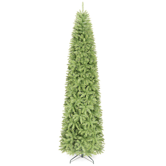 Artificial pencil Christmas tree with full branch tips and folding metal stand, ideal for holiday decor.