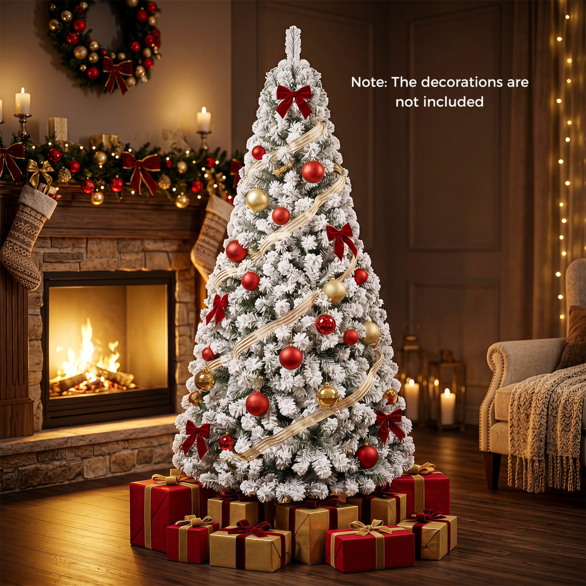 6 ft artificial snow-flocked Christmas tree with branch tips, decorated with white snow flocking, ideal for holiday decor.