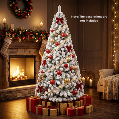 6 ft artificial snow-flocked Christmas tree with branch tips, decorated with white snow flocking, ideal for holiday decor.