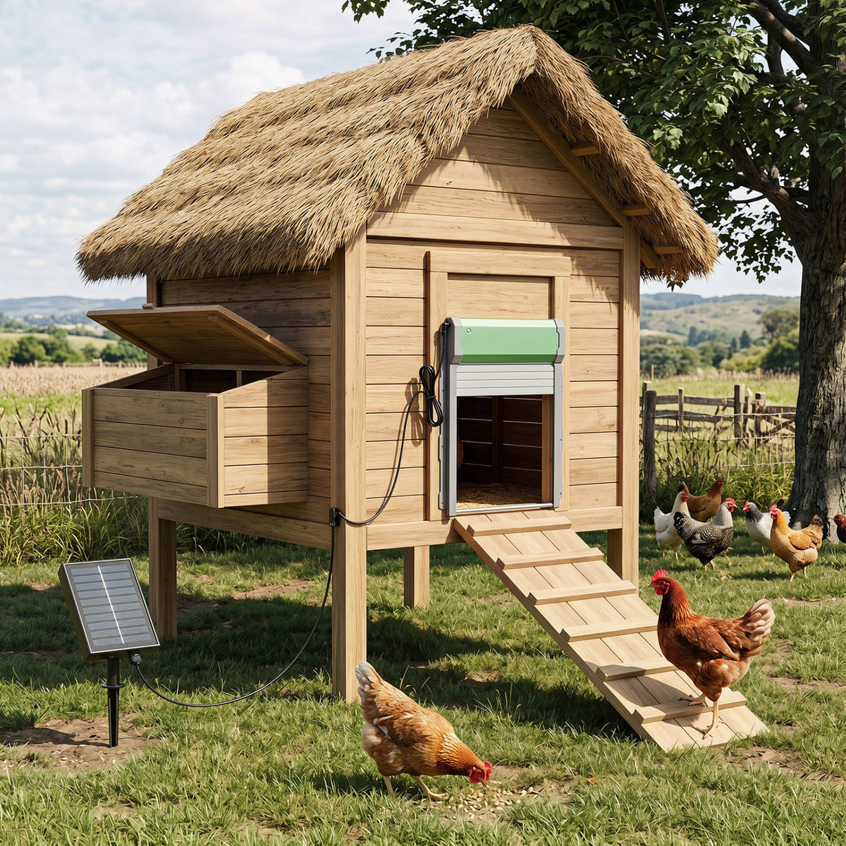 Automatic chicken coop door with remote control and light sensor timer, black metal, installed on a wooden chicken coop.
