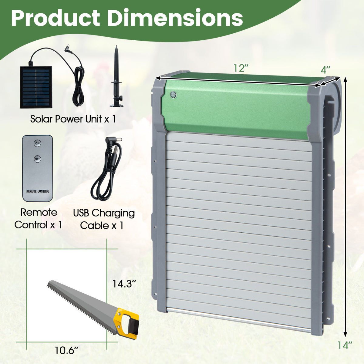 Automatic chicken coop door with remote control and light sensor timer, by Direct Wilsons Home Store, visible with door and control panel.