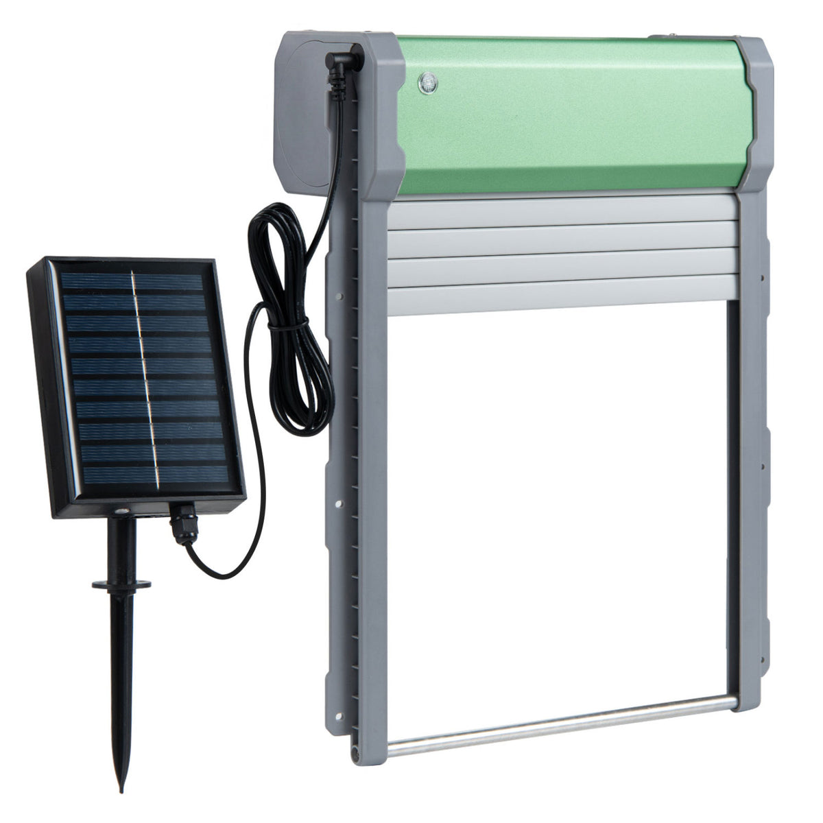 Automatic chicken coop door by Wilsons Home Store with remote control and light sensor timer, designed for outdoor poultry coops.