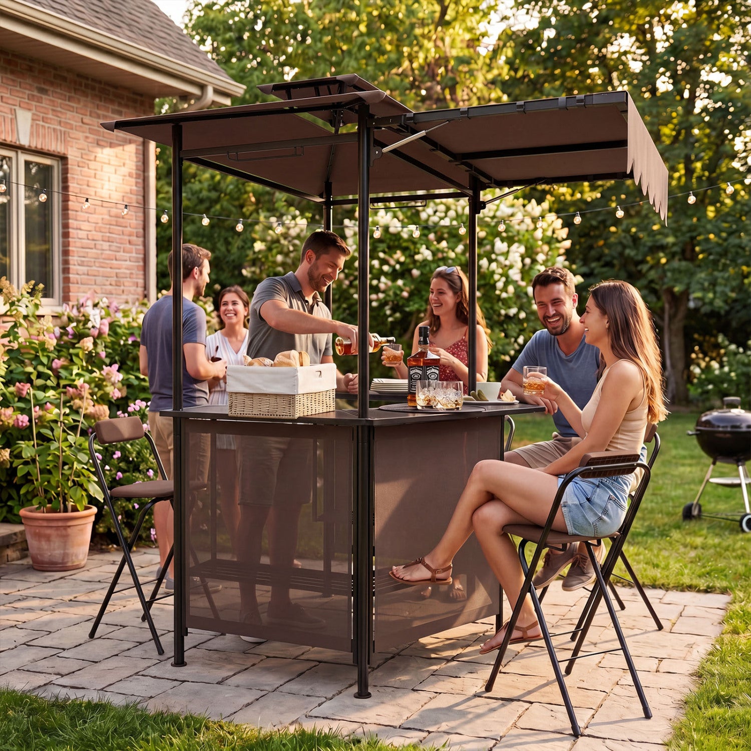 Black BBQ gazebo canopy with four slatted metal shelves, two-row glass holders, six hanging hooks, designed for outdoor patio bar use.