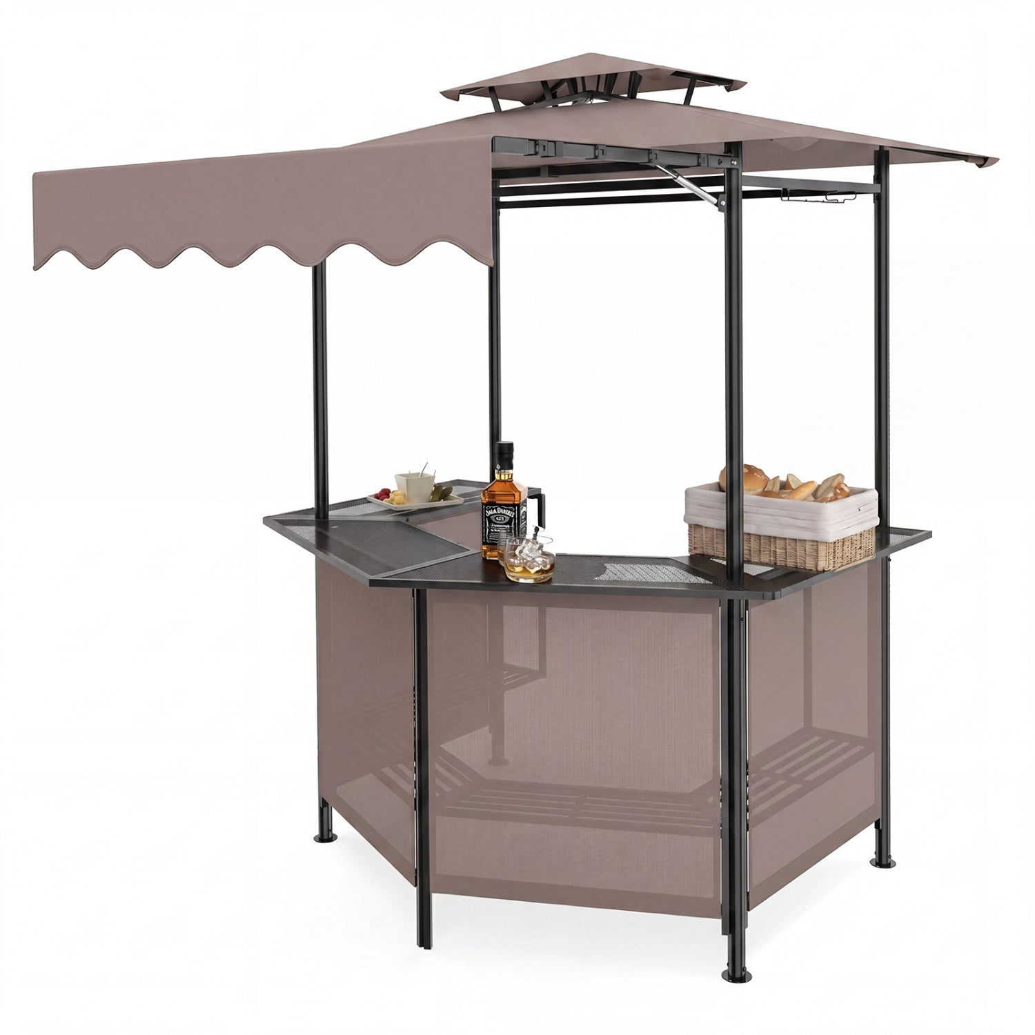 Black BBQ gazebo canopy with 4 slatted metal shelves, 6 hooks, and 2 glass holders, ideal for outdoor patio bar furniture.