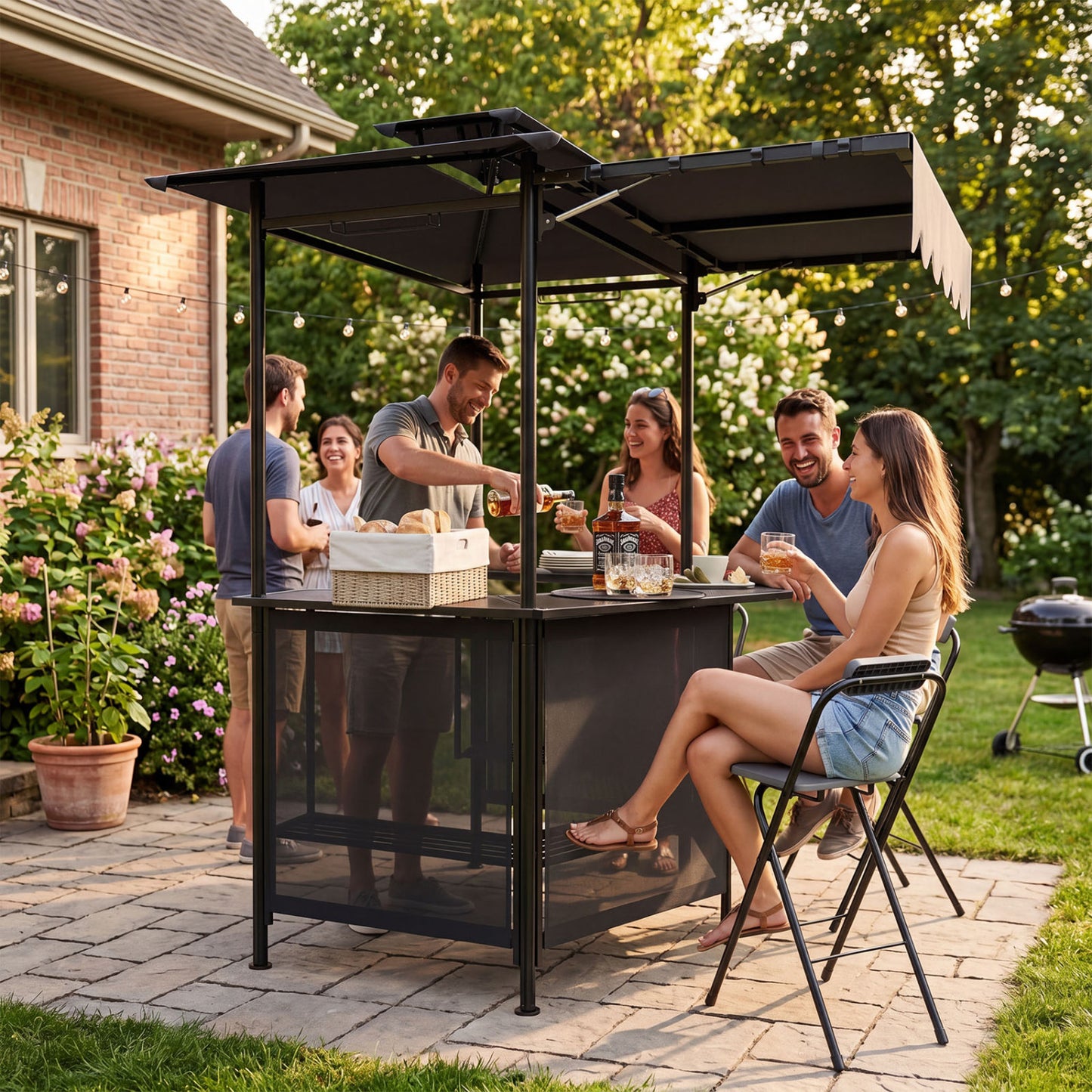 Black BBQ gazebo canopy with four slatted metal shelves, six hanging hooks, and two-row glass holders for outdoor patio bar.