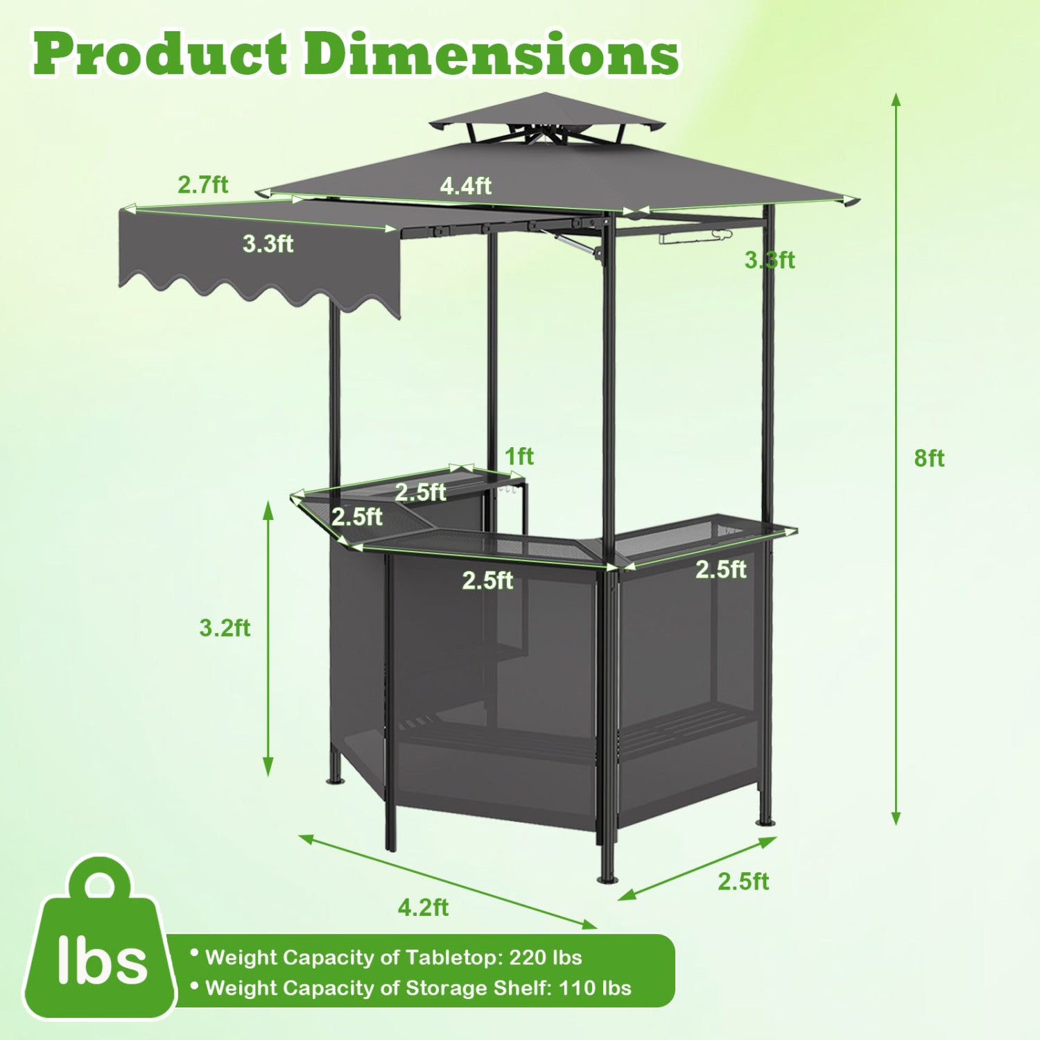 Black BBQ gazebo canopy with four slatted metal shelves, six hanging hooks, and two-row glass holders for outdoor patio bar.