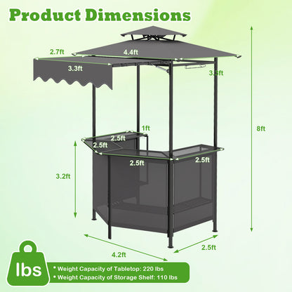 Black BBQ gazebo canopy with four slatted metal shelves, six hanging hooks, and two-row glass holders for outdoor patio bar.