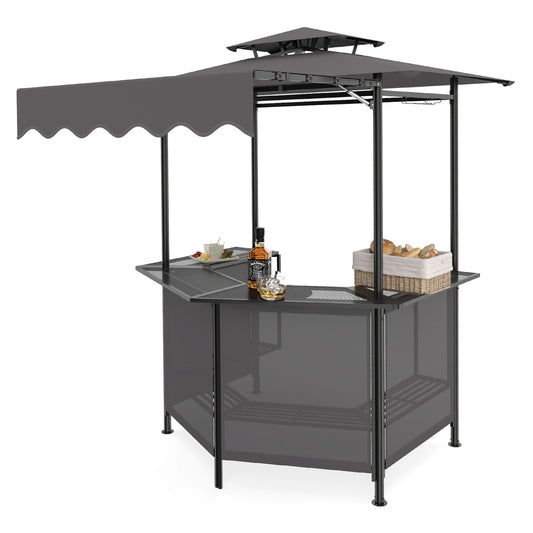 Black BBQ gazebo canopy with four slatted metal shelves, six hanging hooks, and two-row glass holders for outdoor patio bar setup.