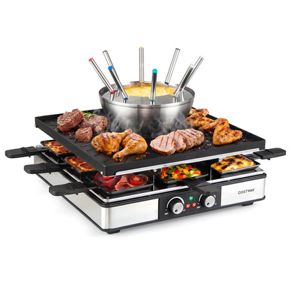 BBQ grill with fondue pot set and adjustable thermostats, designed for 8 people, in a kitchen cookware setting.
