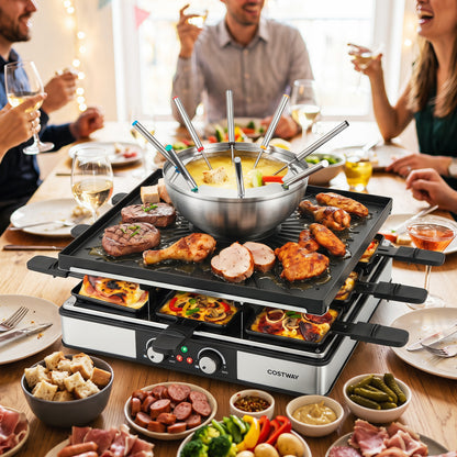 BBQ grill with fondue pot set and adjustable thermostats for eight people, shown with cooking accessories and utensils.