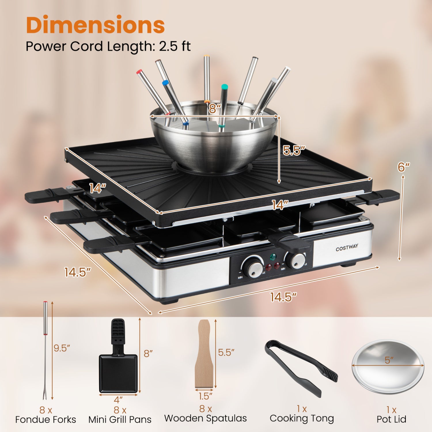 BBQ grill with fondue pot set and adjustable thermostats for 8 people, stainless steel kitchen cookware by Wilsons Home Store