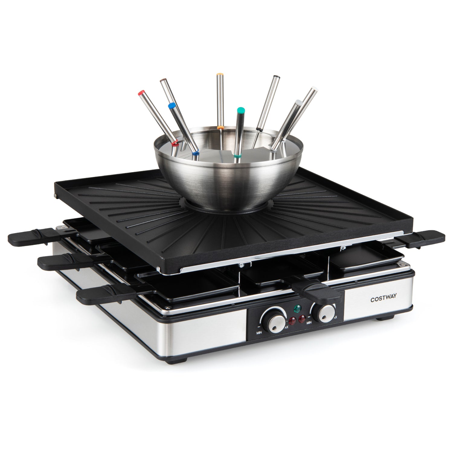 BBQ grill with fondue pot set and adjustable thermostats, designed for 8 people, in a kitchen cookware setting.