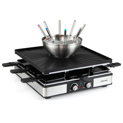 BBQ grill with fondue pot set and adjustable thermostats, designed for 8 people, in a kitchen cookware setting.