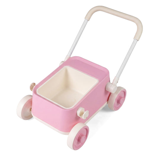 Baby Push Walker with Wheels and Foldable Handlebar and Storage Basket-Pink