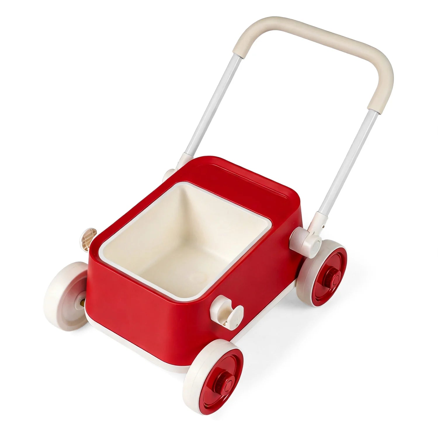 Pink baby push walker with wheels, foldable handlebar, and storage basket, ideal for toddler activity and development.