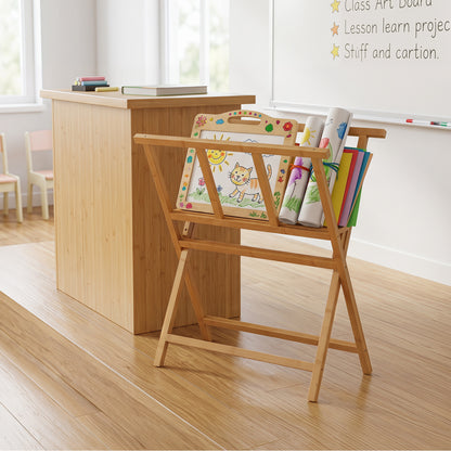 Natural bamboo art print rack for canvas storage and display, ideal for art easels and creative hobbies.