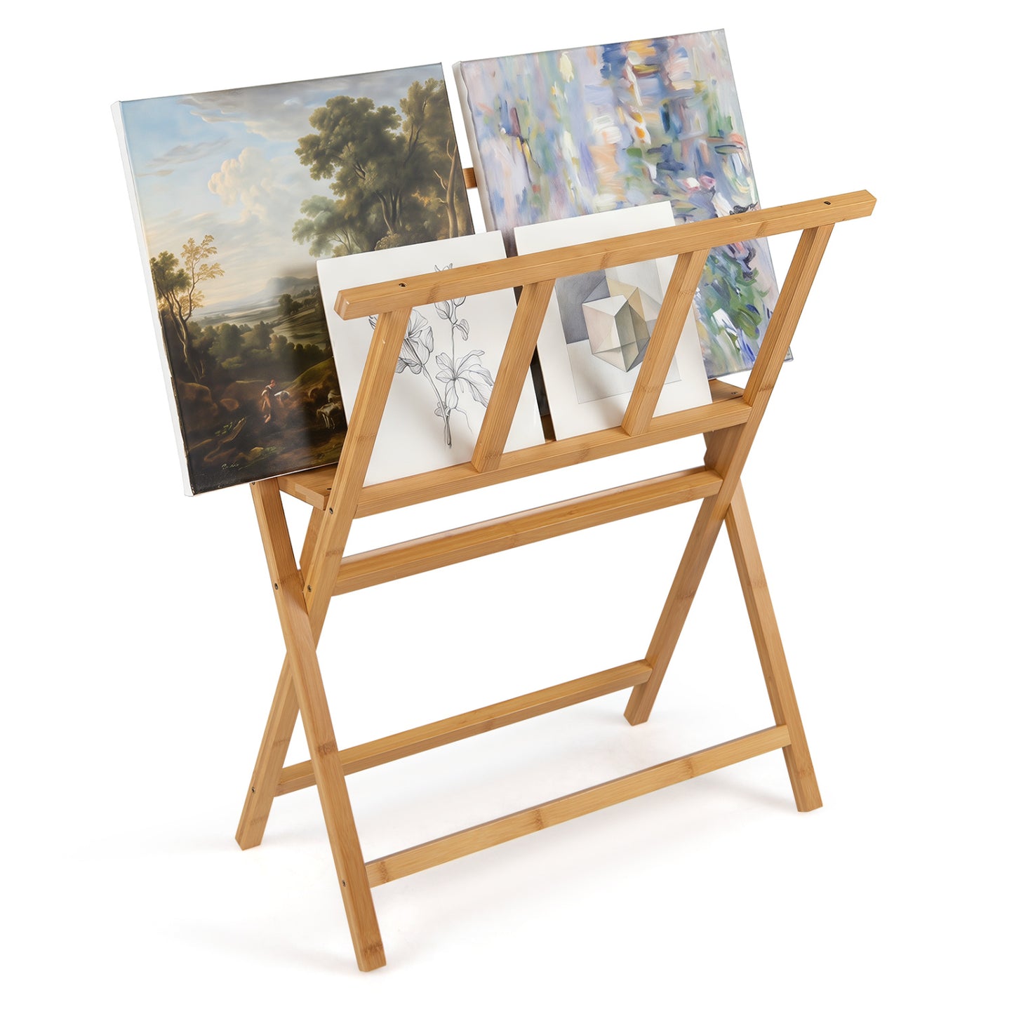 Natural bamboo art print rack for canvas storage and display, ideal for art easels in home or studio settings.