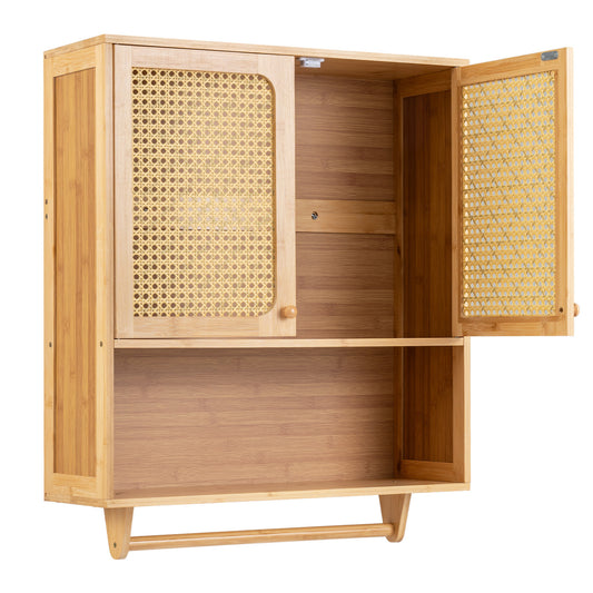 Natural bamboo bathroom wall cabinet with towel rack and ventilated doors, ideal for stylish storage in a modern bath.