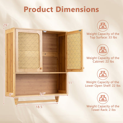 Bamboo Bathroom Wall Cabinet with Towel Rack and Ventilated Doors-Natrual