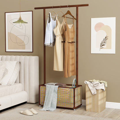 Bamboo Clothes Rack with Rattan Storage Basket and Wheels-Brown