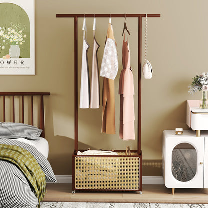 Bamboo Clothes Rack with Rattan Storage Basket and Wheels-Brown