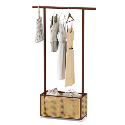 Bamboo Clothes Rack with Rattan Storage Basket and Wheels-Brown