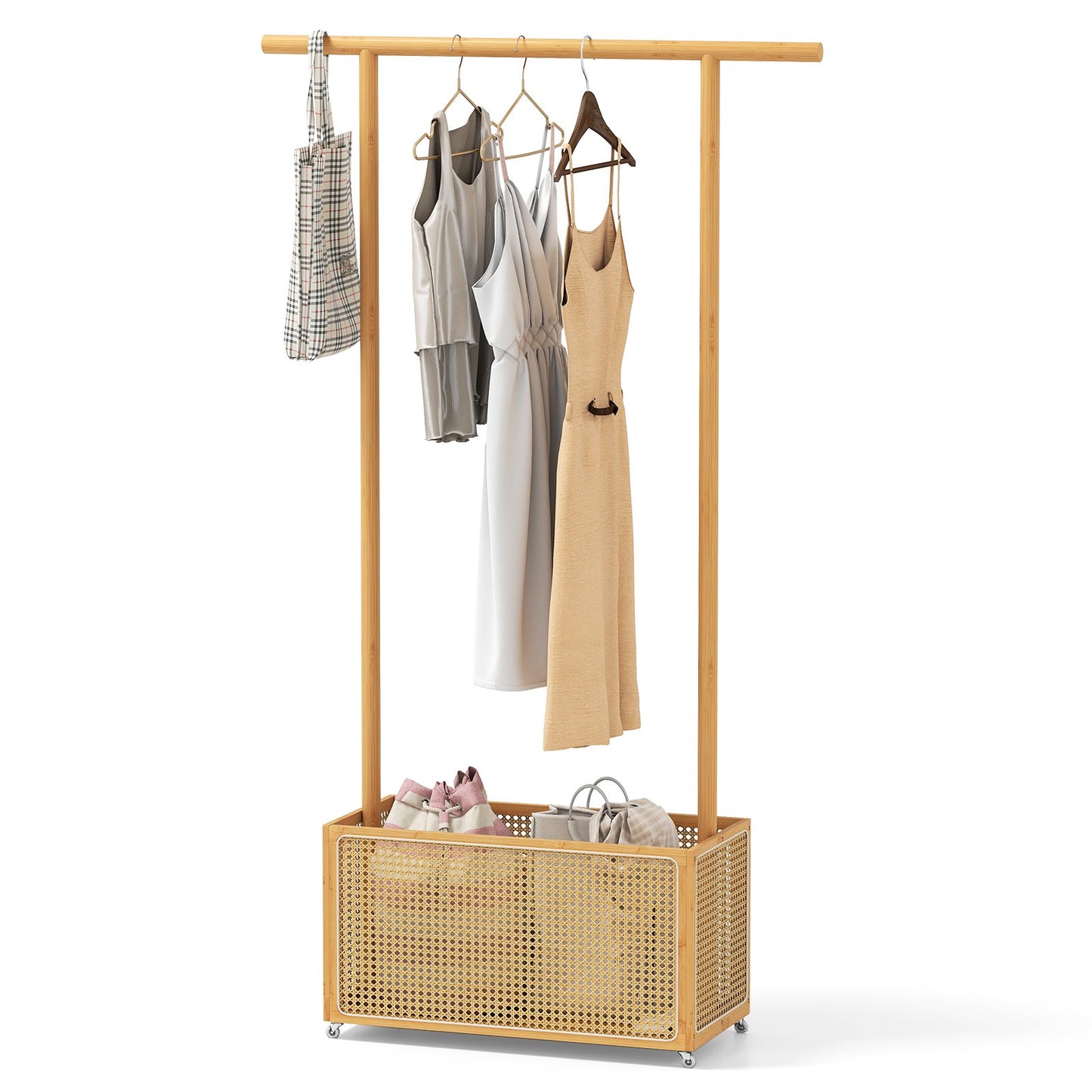 Bamboo Clothes Rack with Rattan Storage Basket and Wheels-Brown