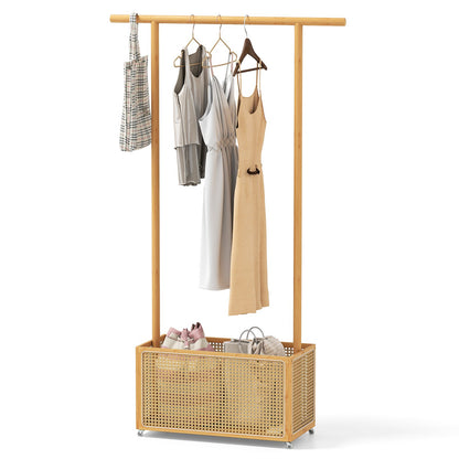 Bamboo Clothes Rack with Rattan Storage Basket and Wheels-Brown