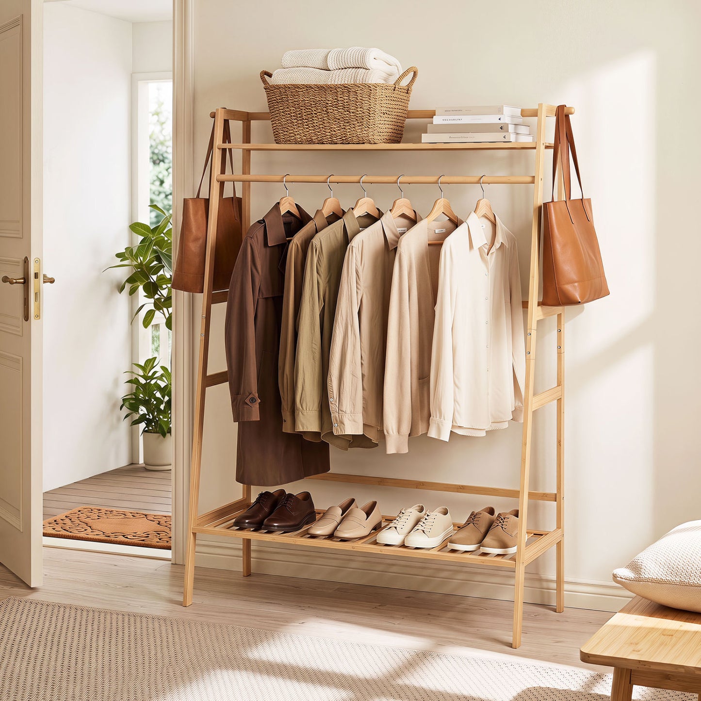 Bamboo Clothing Garment Rack Freestanding Open Wardrobe Organizer with Hanging Rod-Natural