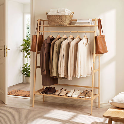 Bamboo Clothing Garment Rack Freestanding Open Wardrobe Organizer with Hanging Rod-Natural