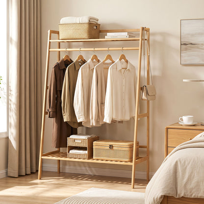 Bamboo Clothing Garment Rack Freestanding Open Wardrobe Organizer with Hanging Rod-Natural