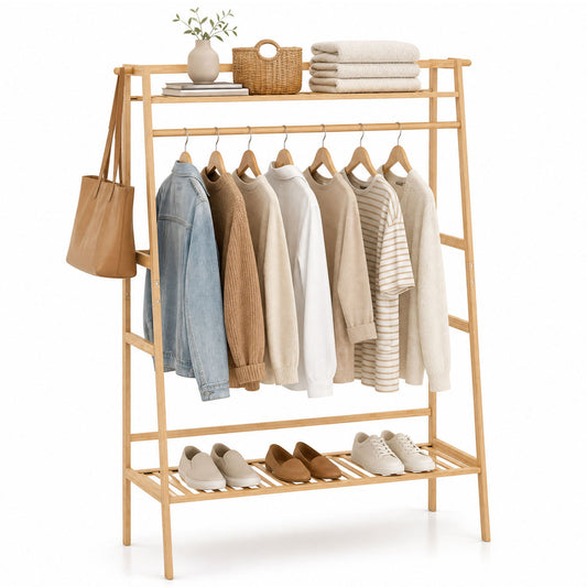 Bamboo Clothing Garment Rack Freestanding Open Wardrobe Organizer with Hanging Rod-Natural