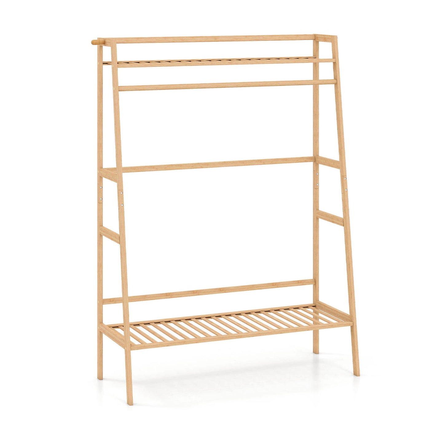 Bamboo Clothing Garment Rack Freestanding Open Wardrobe Organizer with Hanging Rod-Natural