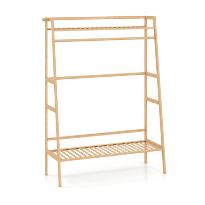 Bamboo Clothing Garment Rack Freestanding Open Wardrobe Organizer with Hanging Rod-Natural