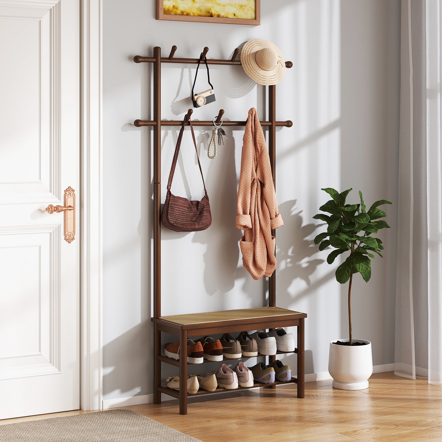 Bamboo Coat Rack PE Rattan Hall Tree with Bench and Shoe Storage 3-In-1 Entryway Bench-Brown