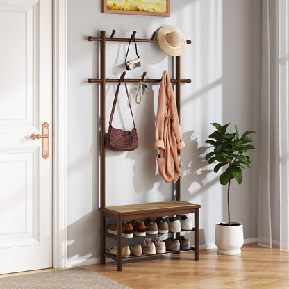 Bamboo Coat Rack PE Rattan Hall Tree with Bench and Shoe Storage 3-In-1 Entryway Bench-Brown