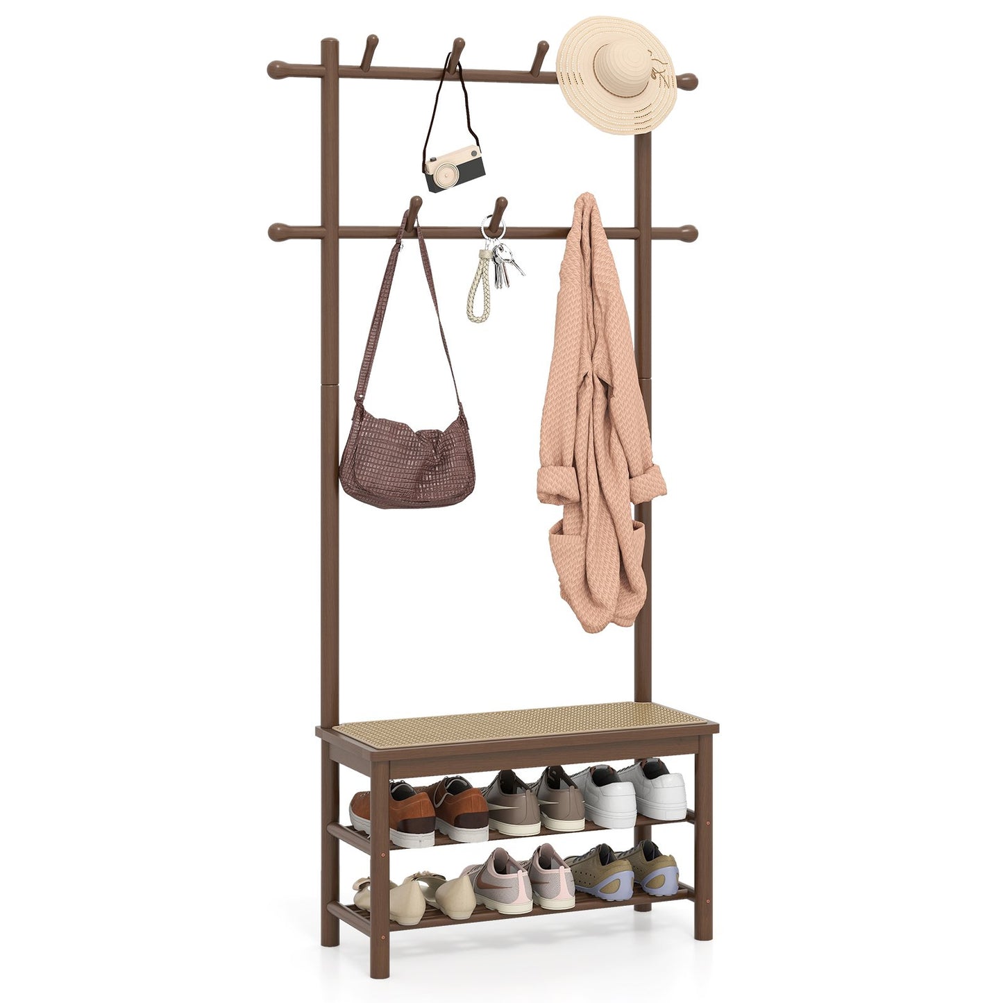 Bamboo Coat Rack PE Rattan Hall Tree with Bench and Shoe Storage 3-In-1 Entryway Bench-Brown